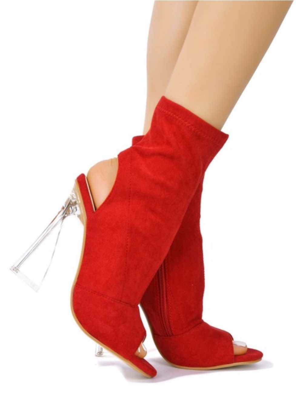 Red Peep-Toe Booties with Clear Heel - Women